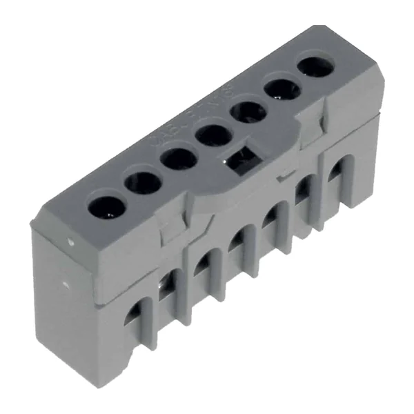 QBLOK7003 — Еднополюсен разпределителен блок, 7 отвора × 10 mm², сив цвят