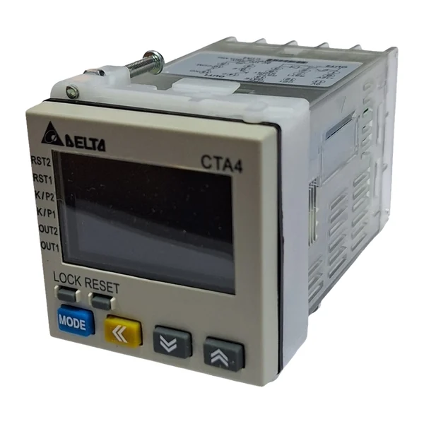CTA4100A — Counter / timer / tachometer 3 in 1 Delta CTA series, 48 × 48 mm (1/16 DIN), 6-digit dual-line LCD display, 2 setpoints, output 1: SPST relay 250 VAC 5 A, output 2: SPDT relay, 250 VAC, 5 A, supply 100 ~ 240 VAC, 50 / 60 Hz