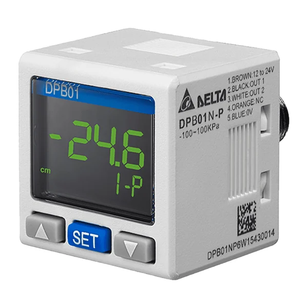 DPB01P-P — Digitalser Drucksensor Delta Serie DPB, -100 ~ 100 kPa (max. 200 kPa), 2 PNP-Schaltausgänge, Anschluss 1/8" PT-Außengewinde, M5 innen