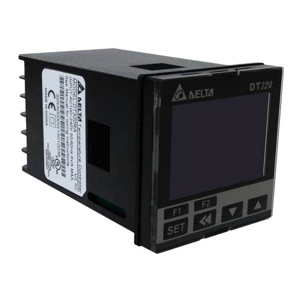 DT320VD-0200 — Intelligent temperature controller Delta DT3 series, 48 × 48 mm (1/16 DIN), output 1: pulse voltage for SSR, 12 VDC (-10 ~ +20 %), 2 alarm relay outputs (250 VAC, 3 A), RS-485 Modbus ASCII / RTU, supply 24 VDC