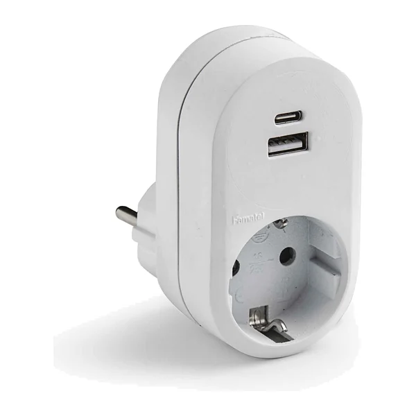 1321 — Единичен битов адаптер шуко 16A 250V с 1× USB-A и 1× USB-C 5V3.4A IP20