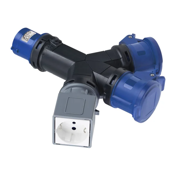 16010 — Industrial adapter 1 CEE input and 3 outputs: 2 CEE x 2P+T 16A 230V +1 SCHUKO IP20