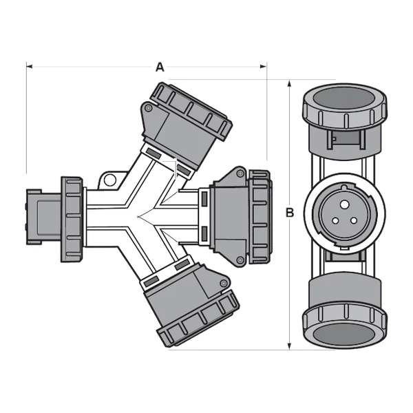 16024 — Industrial adapter 1 input and 3 outputs 2P+T 16A 400V IP67