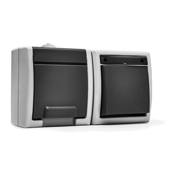 19081 — Two-way switch + socket, moisture-resistant, 16A 250V IP55 - grey, Aquant 55 series
