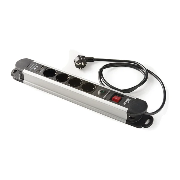 22006 — Power strip with aluminium housing, 6 sockets 16A 250V + 2× USB-A with cable, 1.5 m, with switch