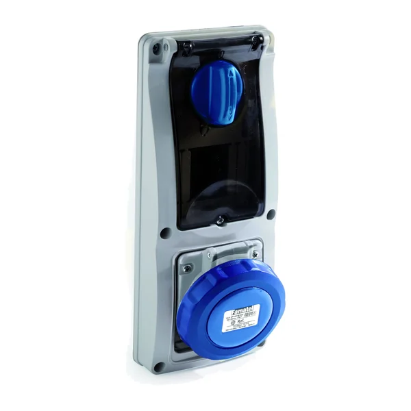 25710 — Interlocked socket, panel-mounted 2P+T 230V 32A IP54 DIN rail