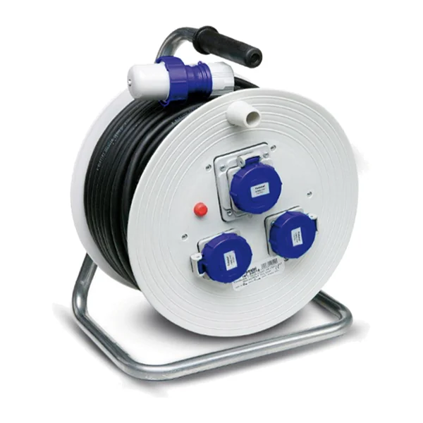 30018 — Cable reel with circuit breaker 16A, input plug SCHUKO IP67/ output 3 SCHUKO sockets IP67/ 50m H07RN-F 5G2.5 mm2 IP55