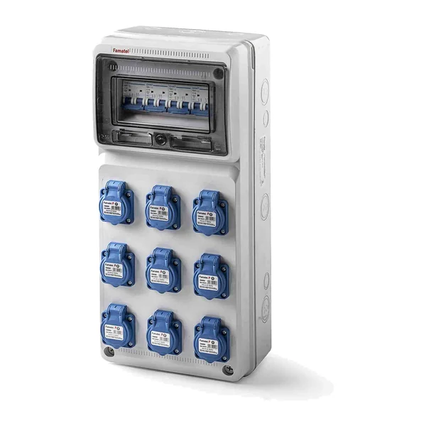 6527 — Enclosure for up to 8 modules /installed 4xMCB 2P/16A / with sockets: 9×3PTL 16A, IP54