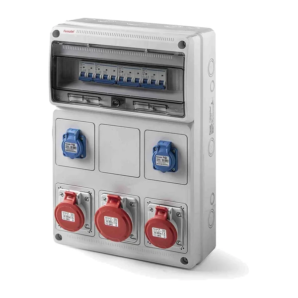 6531 — Enclosure for up to 16 modules /installed 1xMCB 2P/16A + 2xMCB 3P/16A + 1xMCB 3P/32A / with sockets: 2×3PTL + 2×4P 16A +1×4P 32A, IP54
