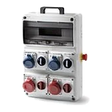 6904 — Enclosure for up to 16 modules with horizontal interlocked sockets: 3×3P 16A + 1×4P 32A + stop button + handle, IP65